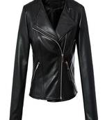 Women’s black real leather jacket slim fit asymmetrical zip biker coat