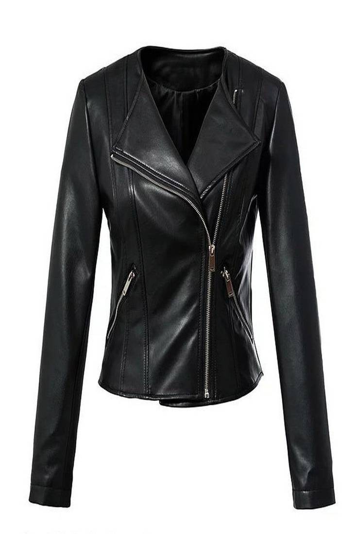 Women’s black real leather jacket slim fit asymmetrical zip biker coat