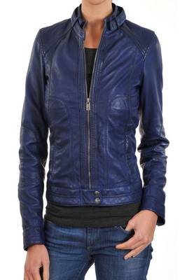 women's blue real leather front zip biker jacket 1
