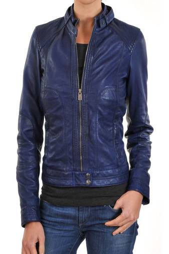women's blue real leather front zip biker jacket