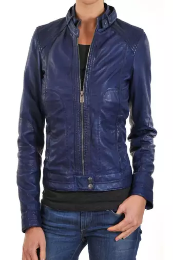 Women’s blue real leather jacket slim fit moto biker style front zip closure