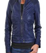 Women’s blue real leather jacket slim fit moto biker style front zip closure