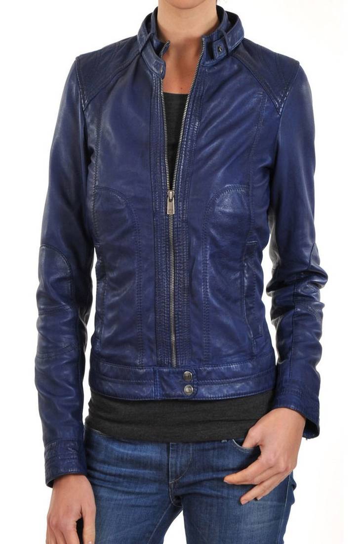 Women’s blue real leather jacket slim fit moto biker style front zip closure