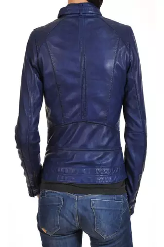 women's blue real leather front zip biker jacket