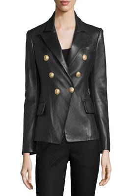 women's black double breasted leather blazer jacket premium 1