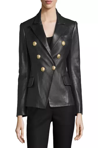 Women’s black real leather blazer double breasted, gold button slim fit jacket