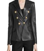 Women’s black real leather blazer double breasted, gold button slim fit jacket