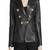 Women’s black real leather blazer double breasted, gold button slim fit jacket