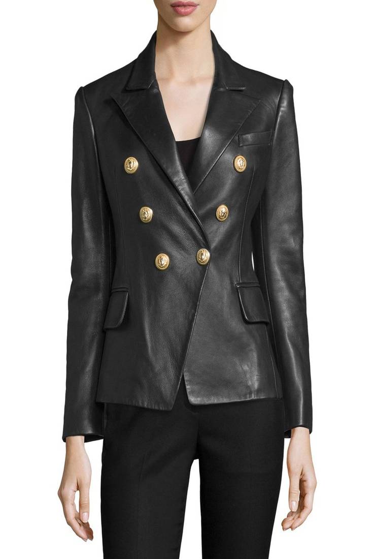 Women’s black real leather blazer double breasted, gold button slim fit jacket