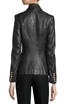 women's black double breasted leather blazer jacket premium 2