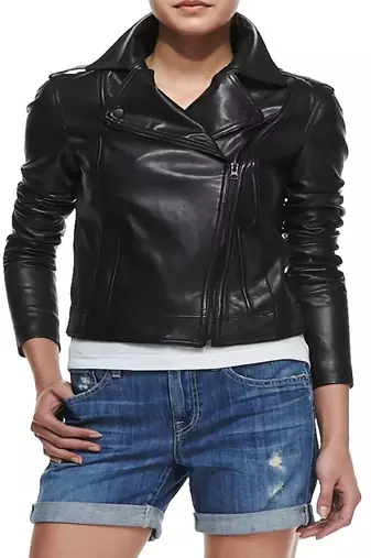 Women’s black leather biker jacket asymmetrical zip, slim fit casual moto style