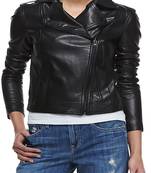 Women’s black leather biker jacket asymmetrical zip, slim fit casual moto style