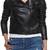 Women’s black leather biker jacket asymmetrical zip, slim fit casual moto style