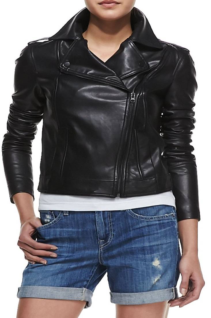 Women’s black leather biker jacket asymmetrical zip, slim fit casual moto style