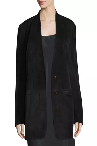 Women’s black longline suede blazer jacket open front relaxed fit, elegant casual coat