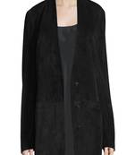 Women’s black longline suede blazer jacket open front relaxed fit, elegant casual coat