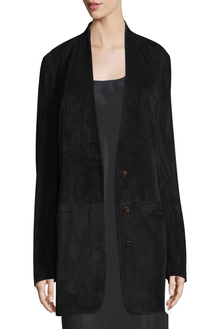 Women’s black longline suede blazer jacket open front relaxed fit, elegant casual coat