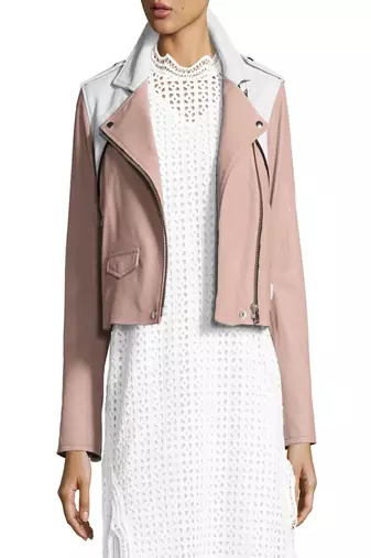 Women’s pink & white real leather biker jacket asymmetrical zip, stylish slim fit