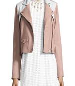 Women’s pink & white real leather biker jacket asymmetrical zip, stylish slim fit