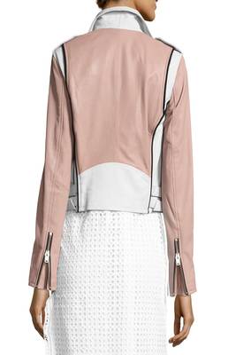 women's pink & white real leather biker jacket 2