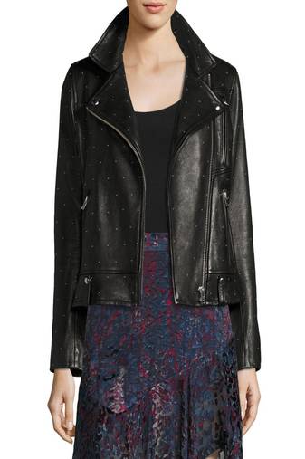 Women’s black real leather biker jacket studded design asymmetrical zip, slim fit