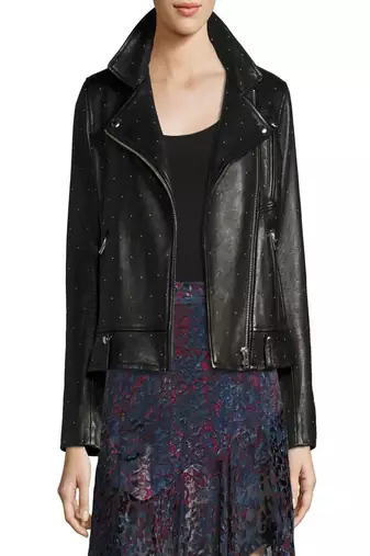 Women’s black real leather biker jacket studded design asymmetrical zip, slim fit