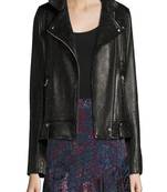 Women’s black real leather biker jacket studded design asymmetrical zip, slim fit