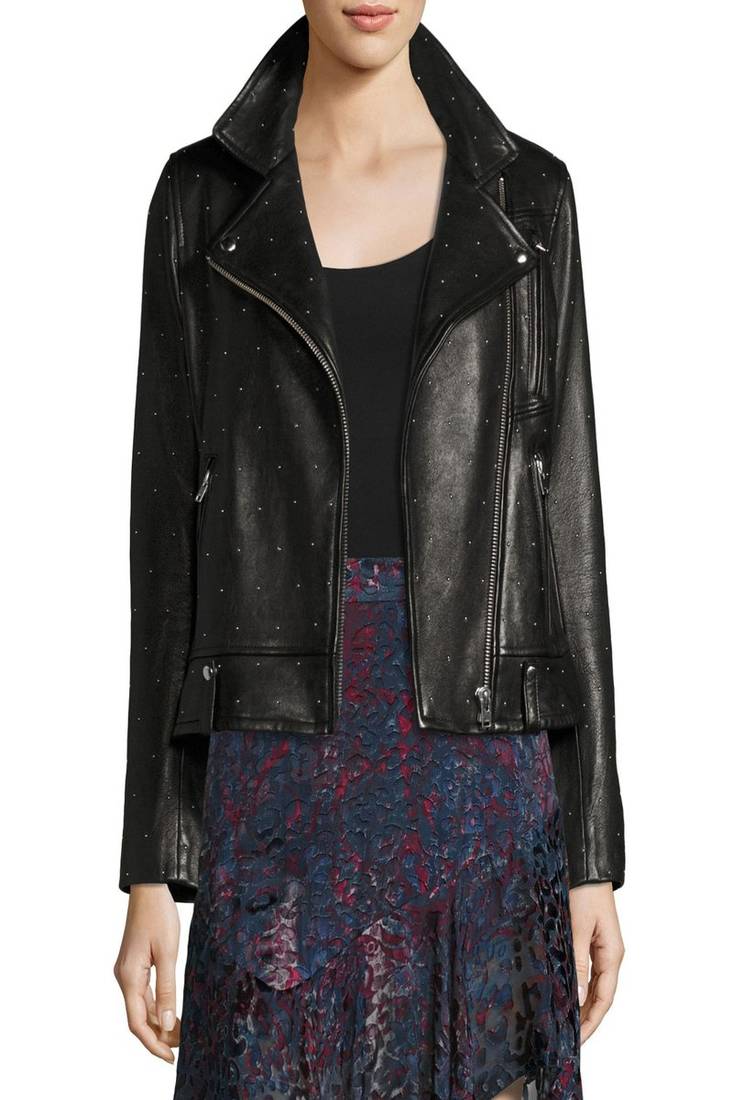 Women’s black real leather biker jacket studded design asymmetrical zip, slim fit