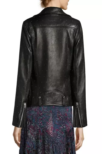 women's black studded leather asymmetrical zip biker jacket