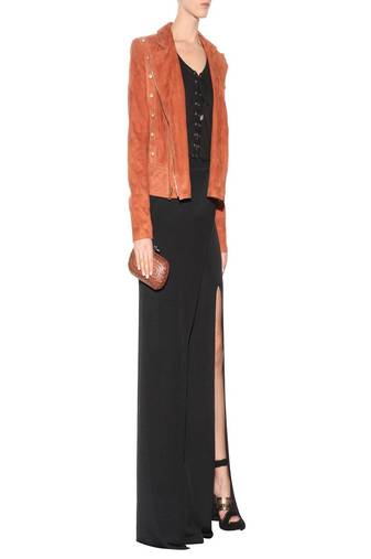 Women’s orange leather biker suede jacket studded detail asymmetrical zip slim fit