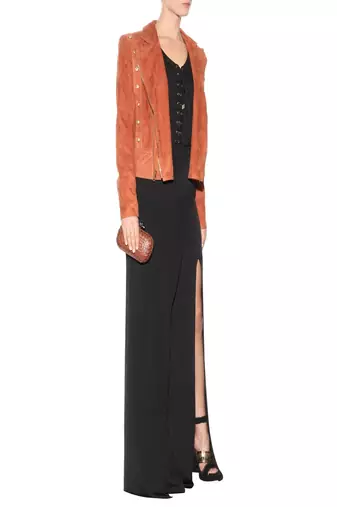 Women’s orange leather biker suede jacket studded detail asymmetrical zip slim fit