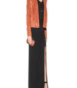 Women’s orange leather biker suede jacket studded detail asymmetrical zip slim fit