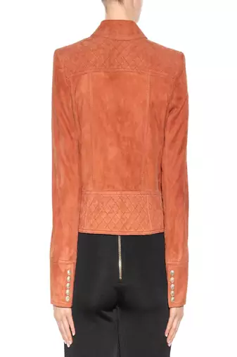 women's orange studded suede asymmetrical zip biker jacket
