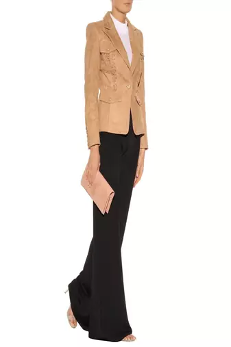 Women’s beige suede blazer jacket lace-up detail slim fit elegant formal wear