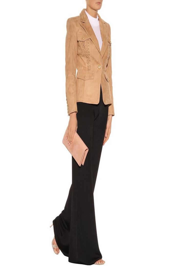 Women’s beige suede blazer jacket lace-up detail slim fit elegant formal wear