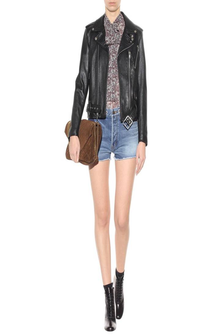 Women’s black leather biker jacket classic moto style zip closure slim fit