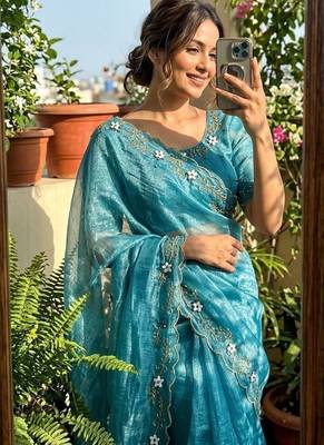 Blue Color hand khatli and cutdana butta work and border aarco art silk saree 2
