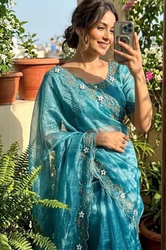 Blue Color hand khatli and cutdana butta work and border aarco art silk saree