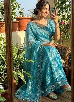 Blue Color hand khatli and cutdana butta work and border aarco art silk saree 1