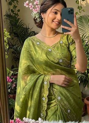 Green Color hand khatli and cutdana butta work and border aarco art silk saree 2