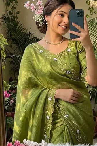 Green Color hand khatli and cutdana butta work and border aarco art silk saree