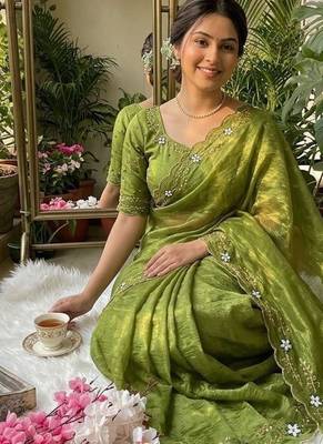 Green Color hand khatli and cutdana butta work and border aarco art silk saree 3