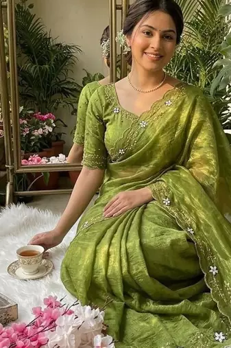 Green Color hand khatli and cutdana butta work and border aarco art silk saree
