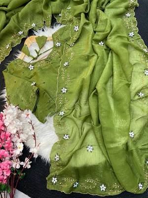 Green Color hand khatli and cutdana butta work and border aarco art silk saree 4