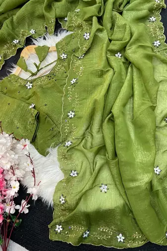 Green Color hand khatli and cutdana butta work and border aarco art silk saree