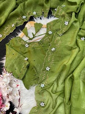 Green Color hand khatli and cutdana butta work and border aarco art silk saree 5