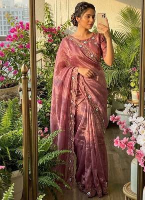 Pink Color hand khatli and cutdana butta work and border aarco art silk saree 1