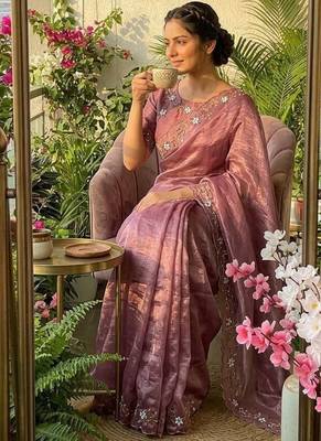 Pink Color hand khatli and cutdana butta work and border aarco art silk saree 2