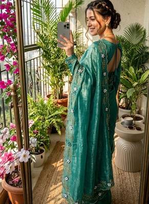 Turquoise Color hand khatli and cutdana butta work and border aarco art silk saree 1