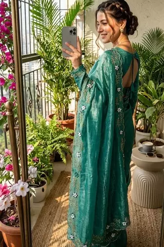 Turquoise Color hand khatli and cutdana butta work and border aarco Silk Saree